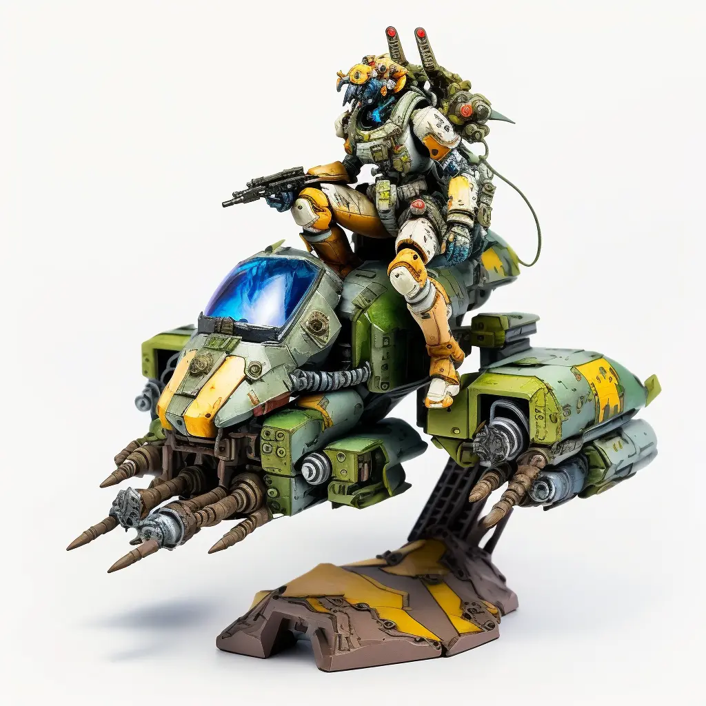 warhammer miniature of Mecha with pilot sitting on top, hand painted, plastic, detailed, white background, studio lighting, product photography